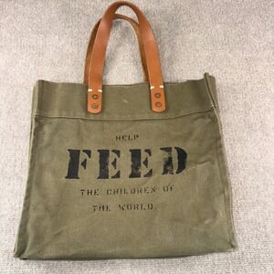 FEED Project Canvas Tote Bag Olive Green Leather Handles Graphic Print